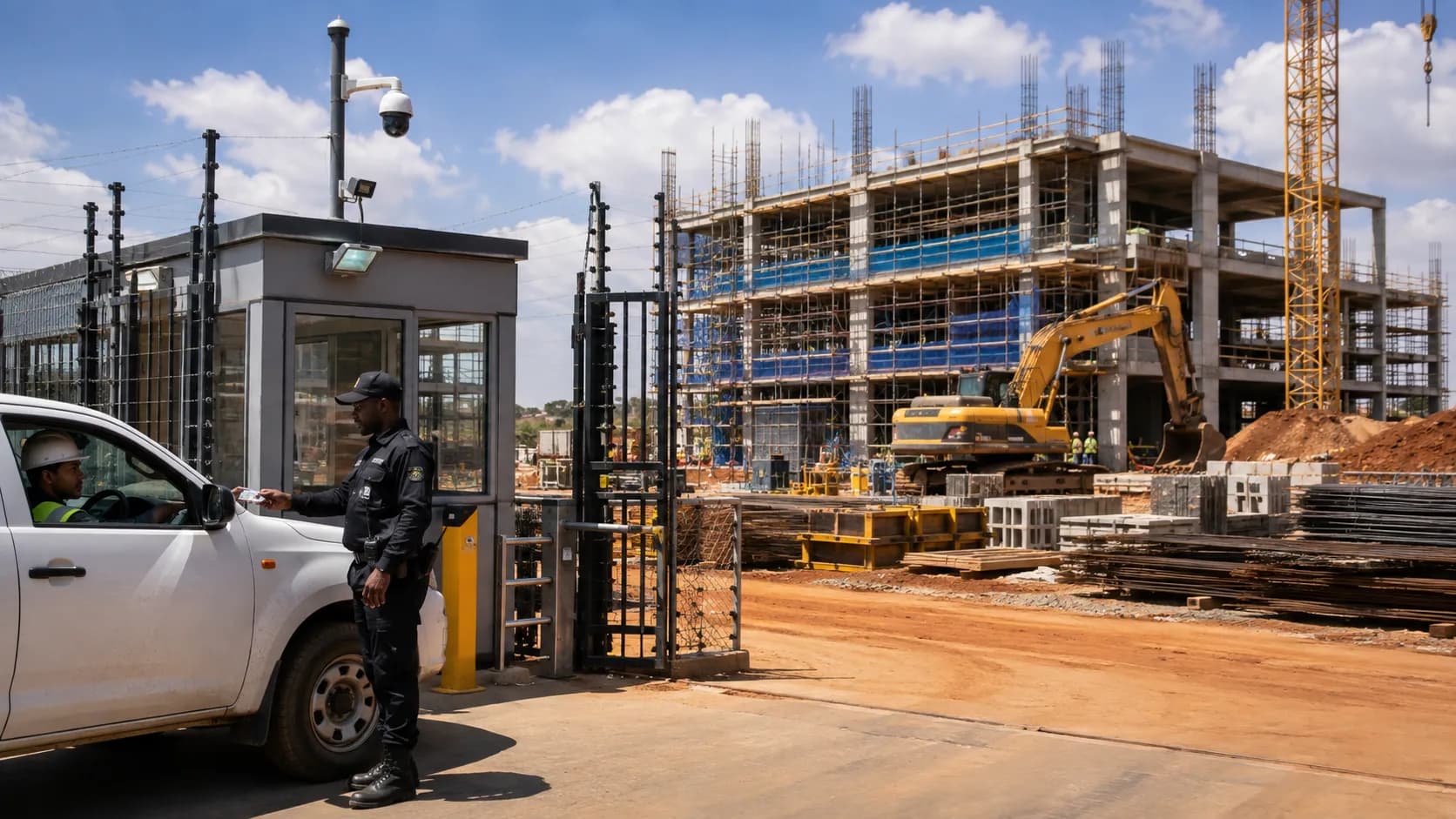 Construction site with security measures protecting equipment and materials