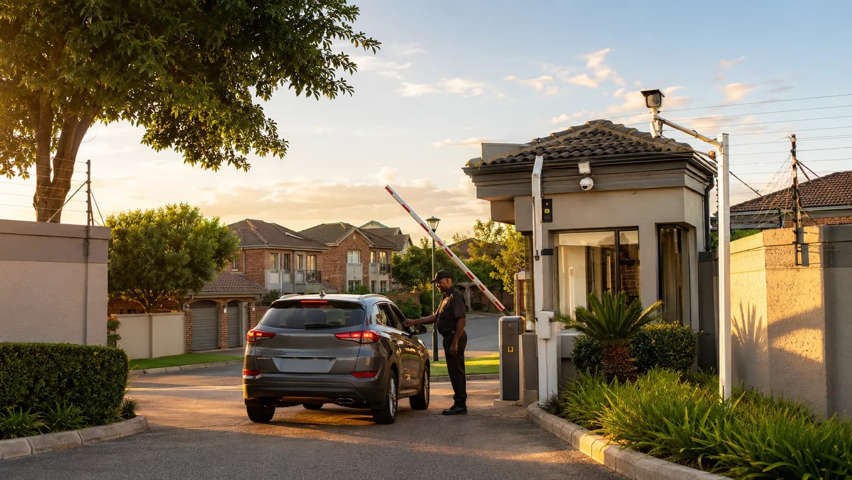 Residential estate entrance with controlled access and perimeter security