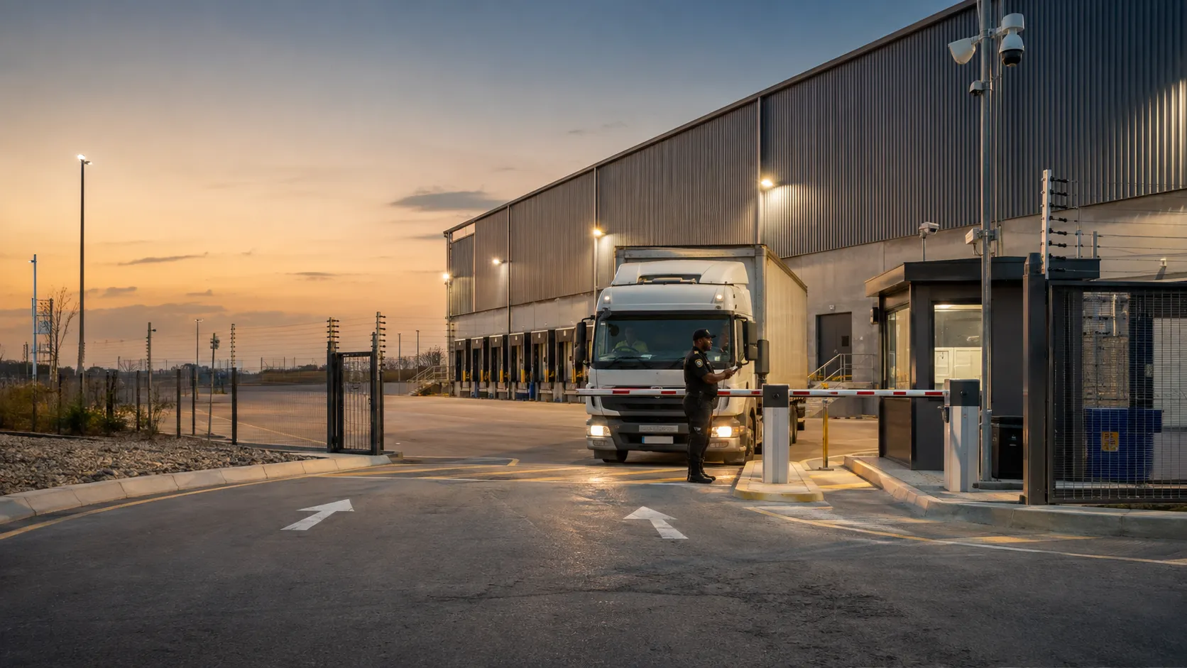 Warehouse facility with perimeter protection and controlled vehicle access